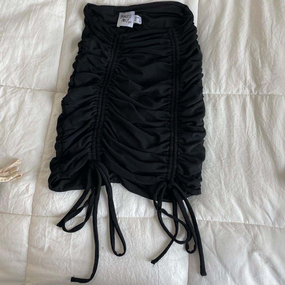 PRINCESS POLLY: Black Ruched Mini Skirt W/ Ties